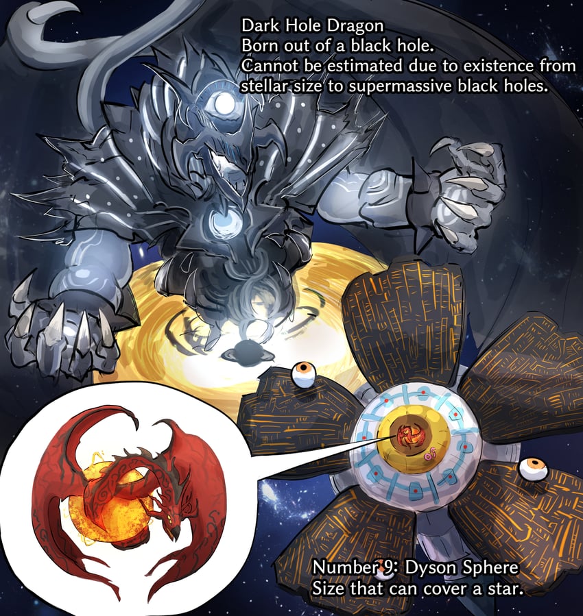 star eater, number 9 dyson sphere, and dark hole dragon (yu-gi-oh!) drawn by hatano_kiyoshi