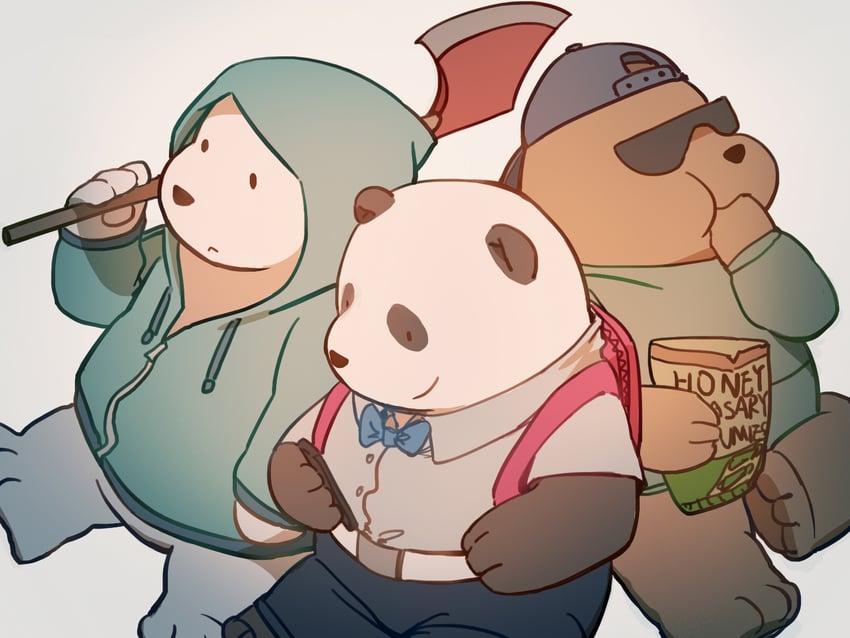 ice bear, panda, and grizzly (we bare bears) drawn by quirrel_(gharnedanshyo)