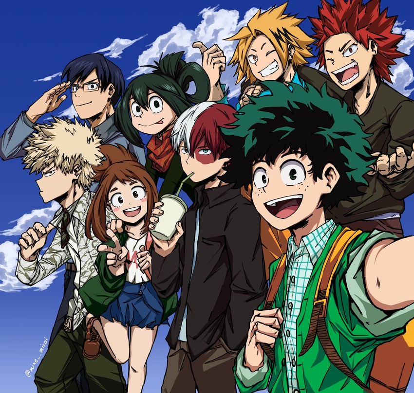 midoriya izuku, bakugou katsuki, uraraka ochaco, todoroki shoto, asui tsuyu, and 3 more (boku no hero academia) drawn by mixemirai