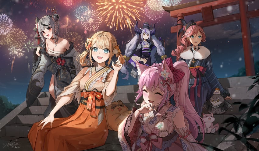 sakamata chloe, la+ darknesss, hakui koyori, kazama iroha, takane lui, and 6 more (hololive) drawn by 1991_(blz)