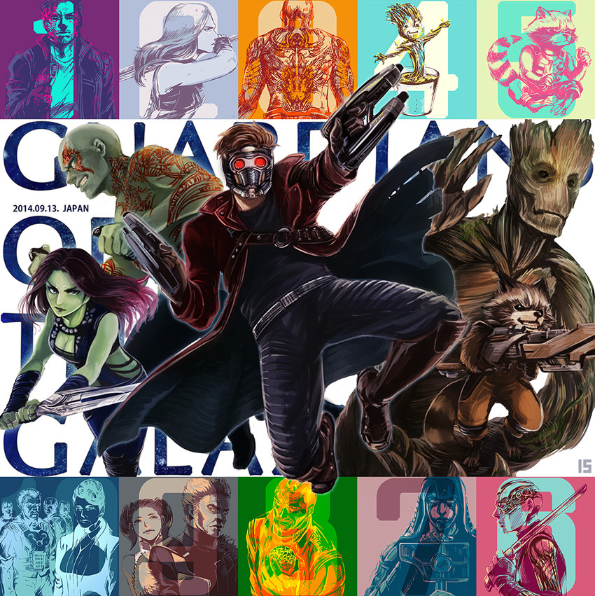 rocket raccoon, peter quill, groot, gamora, drax the destroyer, and 7 more (marvel and 2 more) drawn by iduhara_jugo