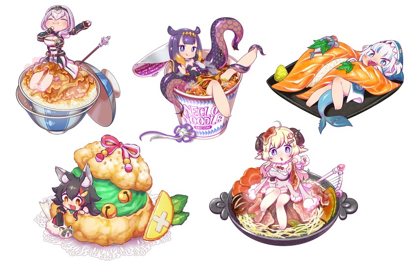 gawr gura, ninomae ina'nis, ookami mio, shirogane noel, tsunomaki watame, and 2 more (hololive and 1 more) drawn by chaki_(teasets)