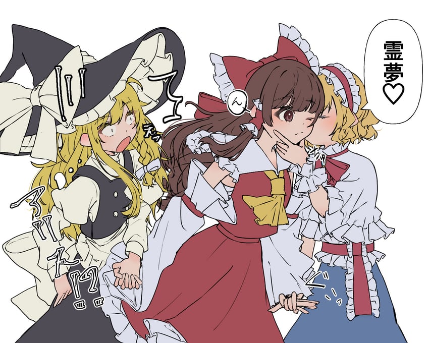 hakurei reimu, kirisame marisa, and alice margatroid (touhou) drawn by jingai_(k1bun)