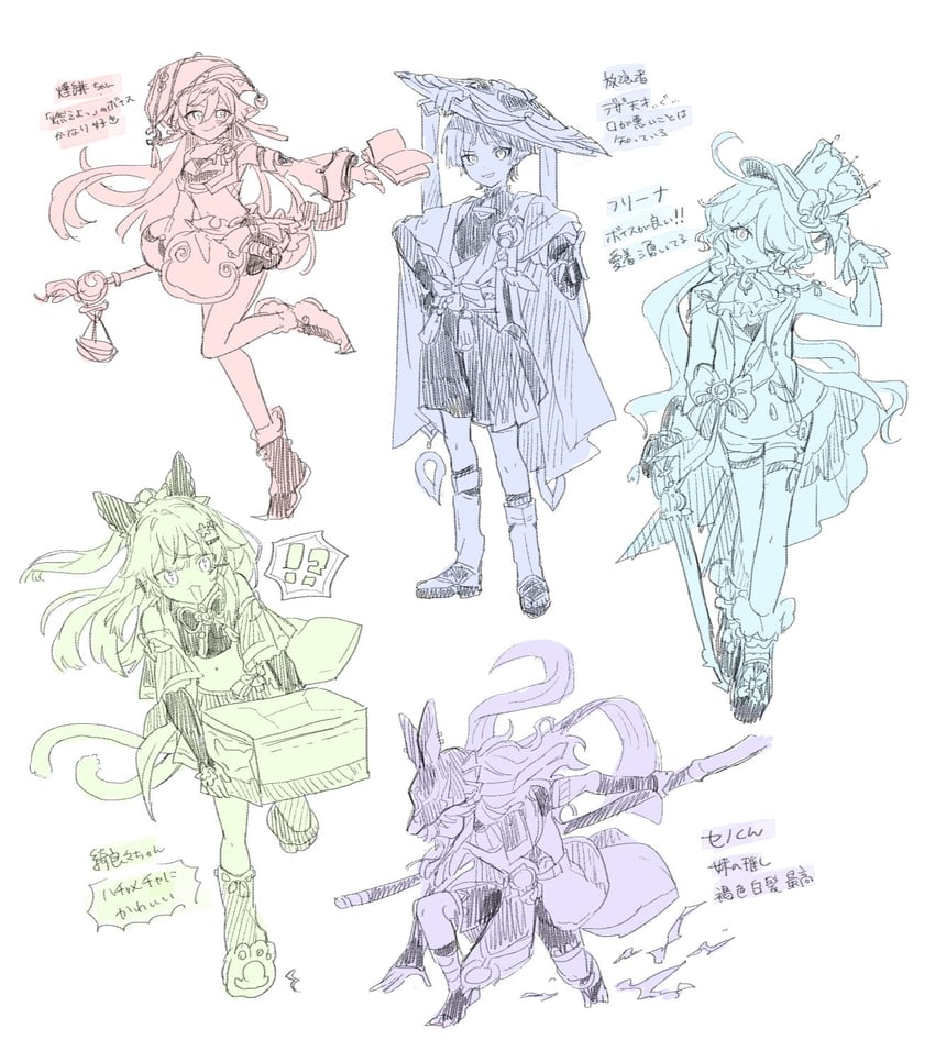 scaramouche, furina, wanderer, cyno, yanfei, and 1 more (genshin impact) drawn by tenpi_(hello_3152)