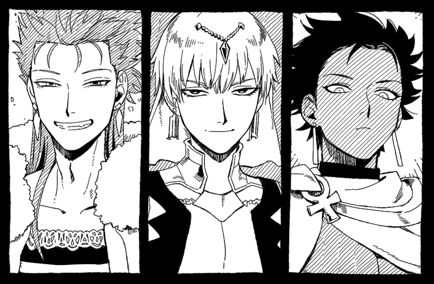 gilgamesh, cu chulainn, and ozymandias (fate and 1 more) drawn by michiru_(amphibian)