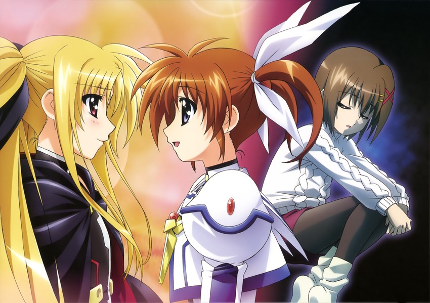 fate testarossa, takamachi nanoha, and yagami hayate (lyrical nanoha and 3 more) drawn by okuda_yasuhiro