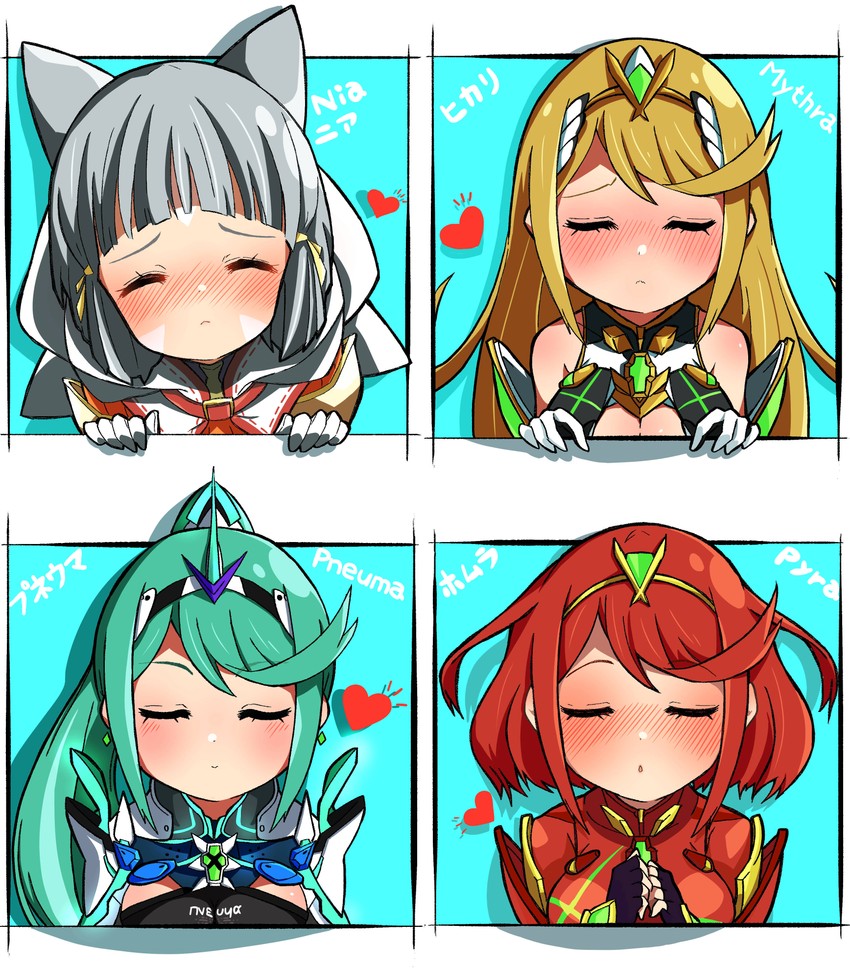 pyra, mythra, nia, and pneuma (xenoblade chronicles and 1 more) drawn by highena