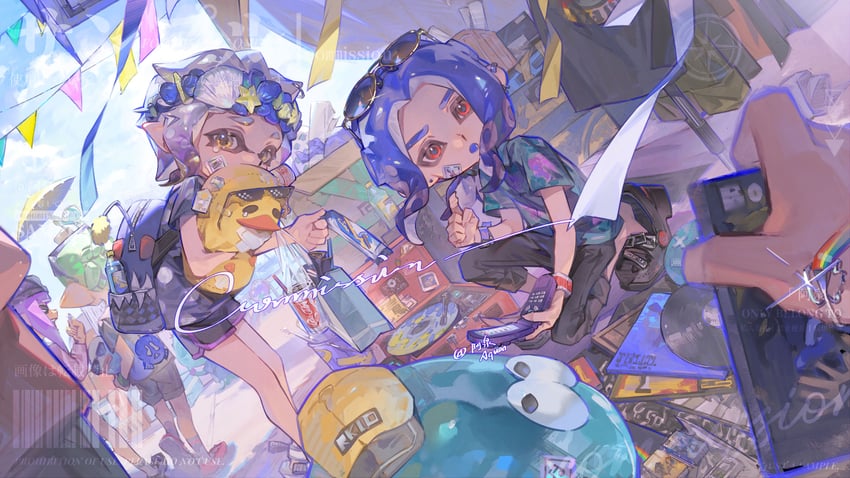 inkling player character, inkling girl, octoling player character, octoling boy, and jellyfish (splatoon) drawn by aquan_error