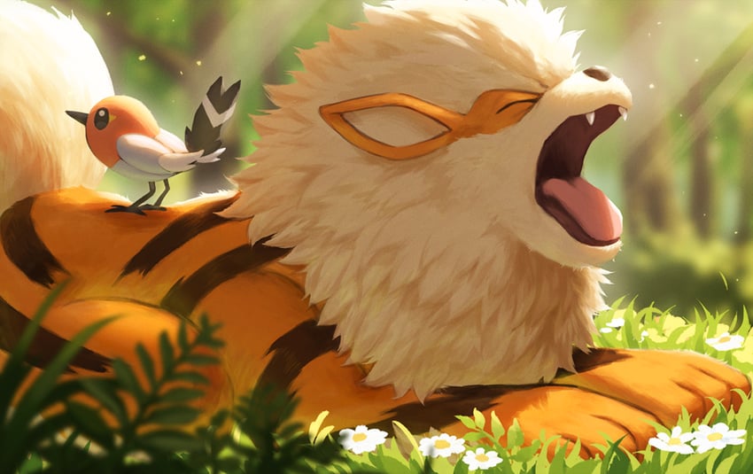 arcanine and fletchling (pokemon and 1 more) drawn by rend