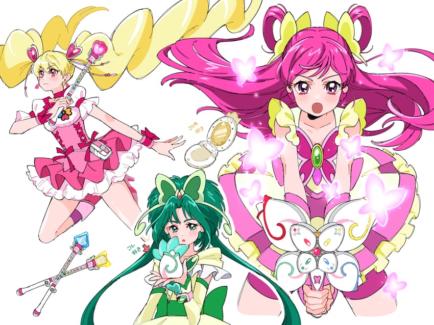 momozono love, yumehara nozomi, cure peach, cure dream, akimoto komachi, and 1 more (precure and 2 more) drawn by shirako_love