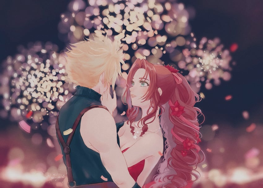 cloud strife and aerith gainsborough (final fantasy and 2 more) drawn by lenak