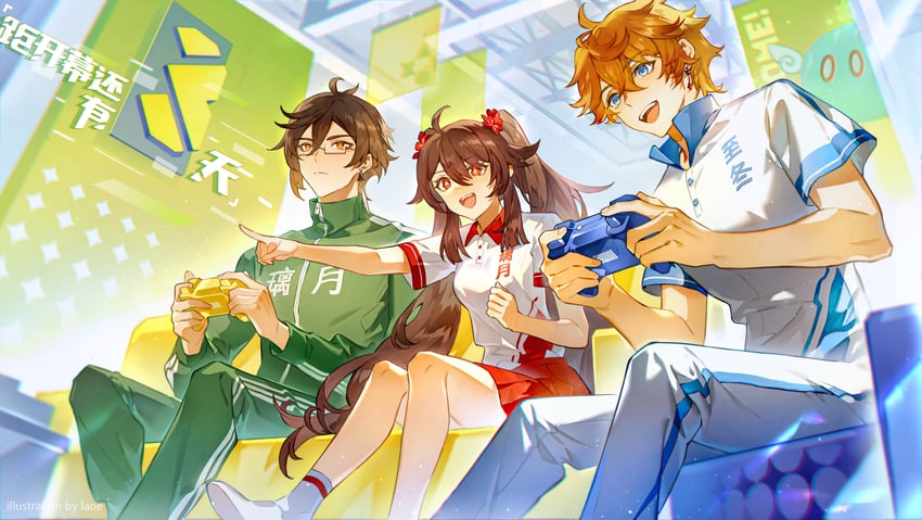 zhongli, slime, tartaglia, and hu tao (genshin impact) drawn by miaotai_miota