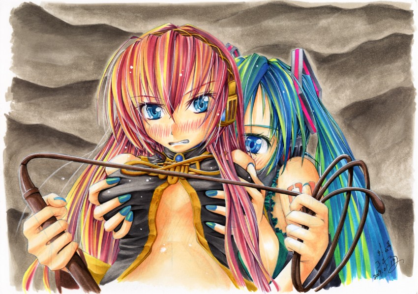 hatsune miku and megurine luka (vocaloid) drawn by roreru