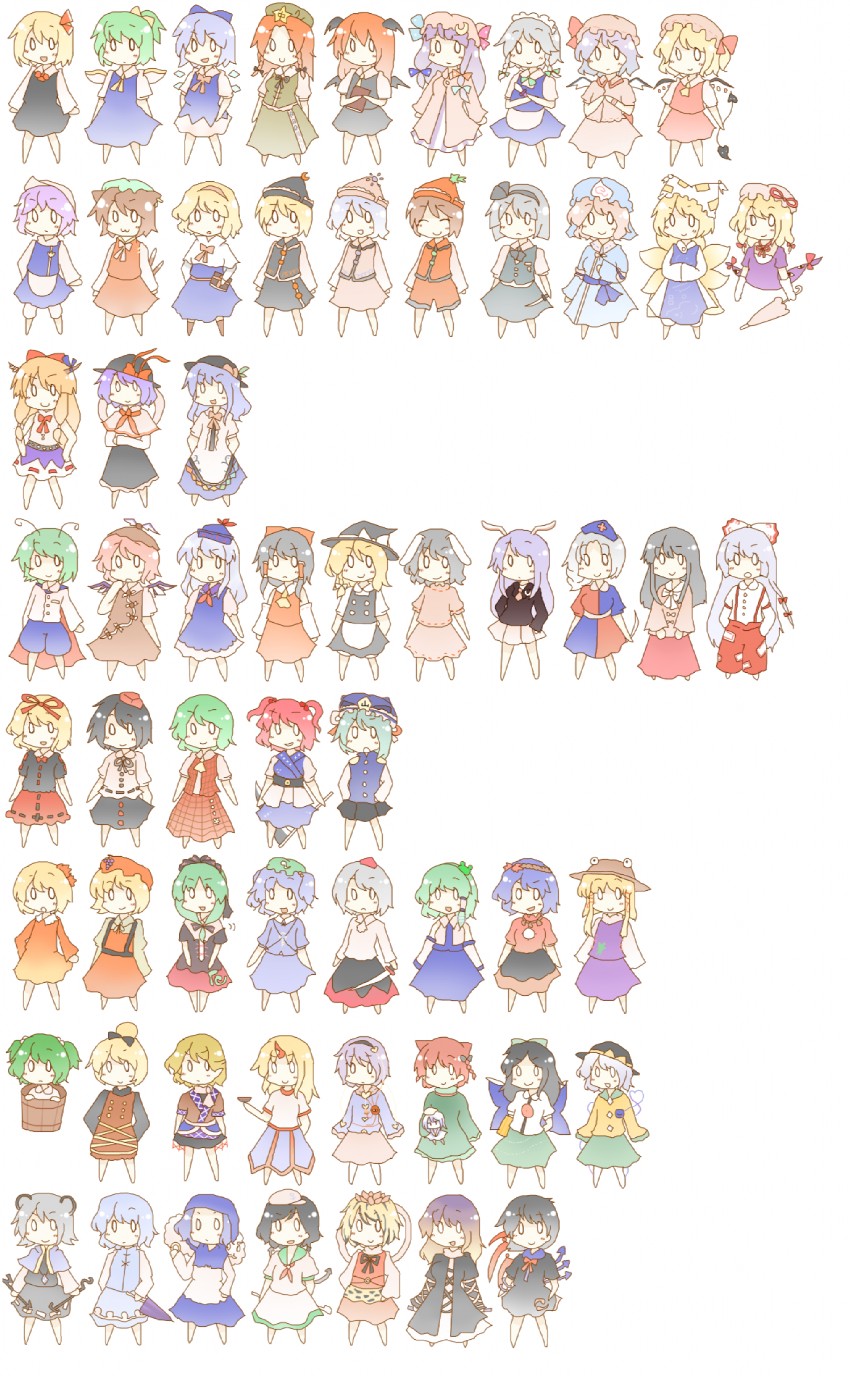 hakurei reimu, kirisame marisa, remilia scarlet, flandre scarlet, izayoi sakuya, and 58 more (touhou) drawn by kuroba_mame