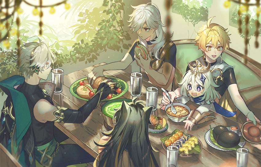 aether, paimon, alhaitham, cyno, and dehya (genshin impact) drawn by gurugnsn