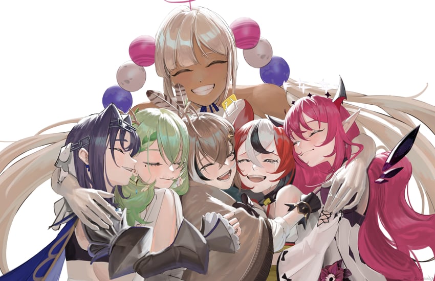 ouro kronii, nanashi mumei, hakos baelz, ceres fauna, irys, and 1 more (hololive and 1 more) drawn by massiveyog