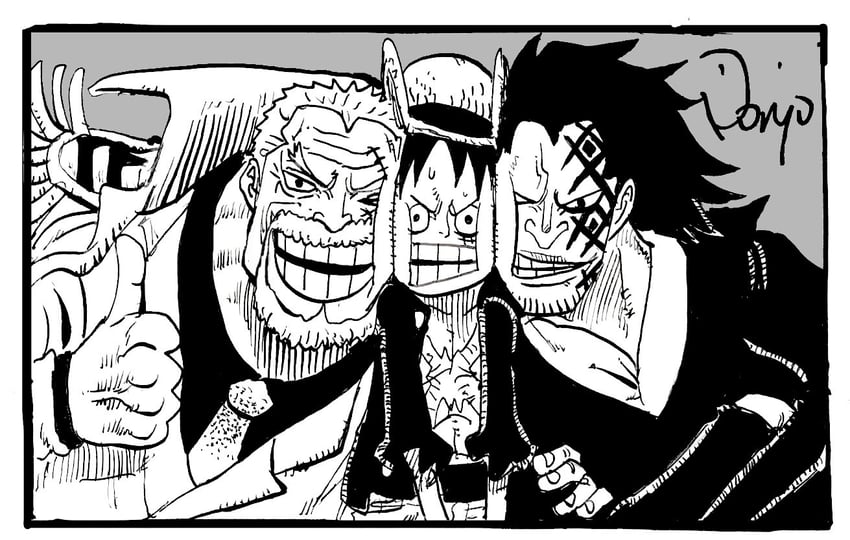 monkey d. luffy, monkey d. garp, and monkey d. dragon (one piece) drawn by nishiponi