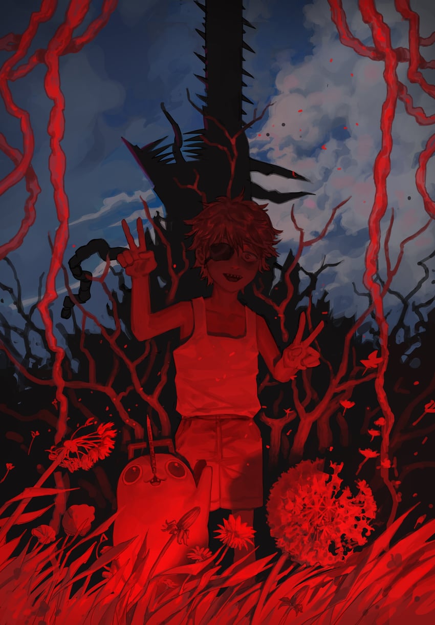 denji, pochita, and chainsaw devil (chainsaw man) drawn by hieumay
