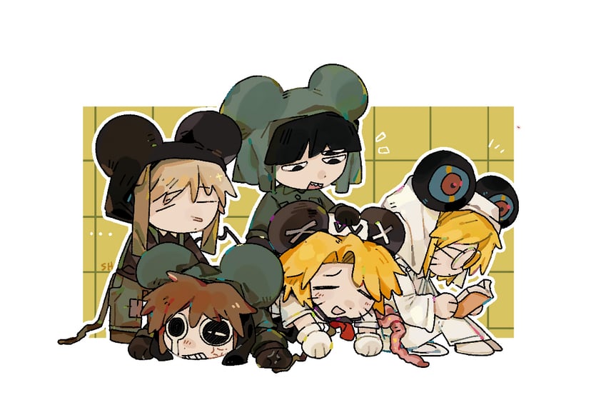 present day problem takeuchi robert, kinder surprised michael jr., ratman 4, ratman 3, and ratman 5 (randal's friends) drawn by shan_hou