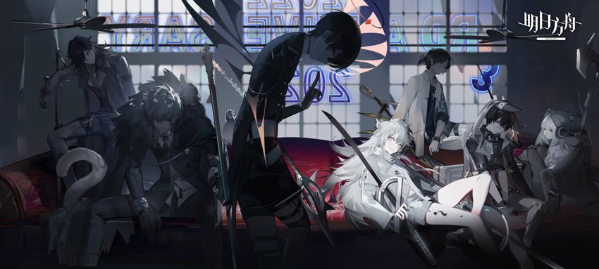 lappland, silverash, thorns, frostleaf, tenzin, and 3 more (arknights) drawn by nineo