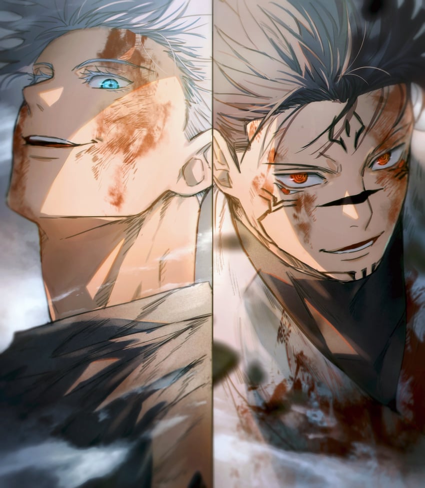 gojou satoru, fushiguro megumi, and ryoumen sukuna (jujutsu kaisen) drawn by yoon_(dmsco1803)