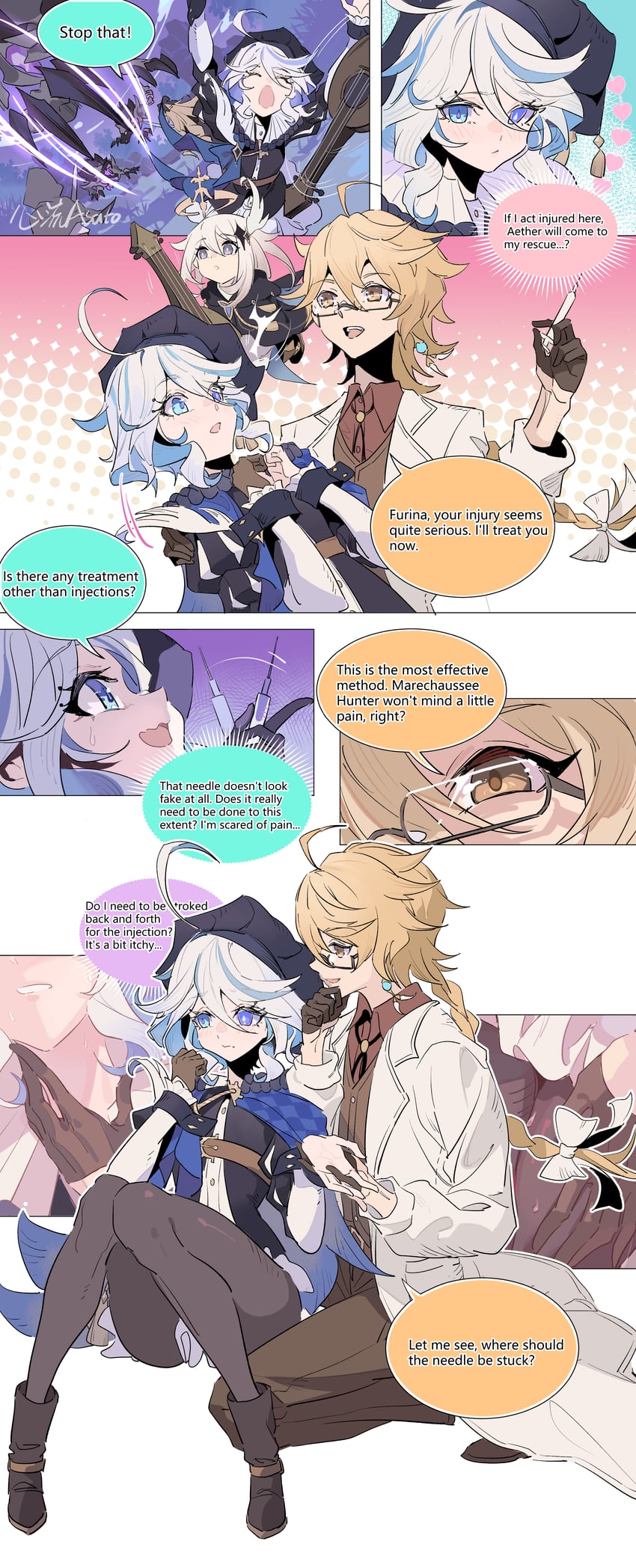 aether, furina, paimon, rifthound, and thundercraven rifthound (genshin impact) drawn by xinliu_asato