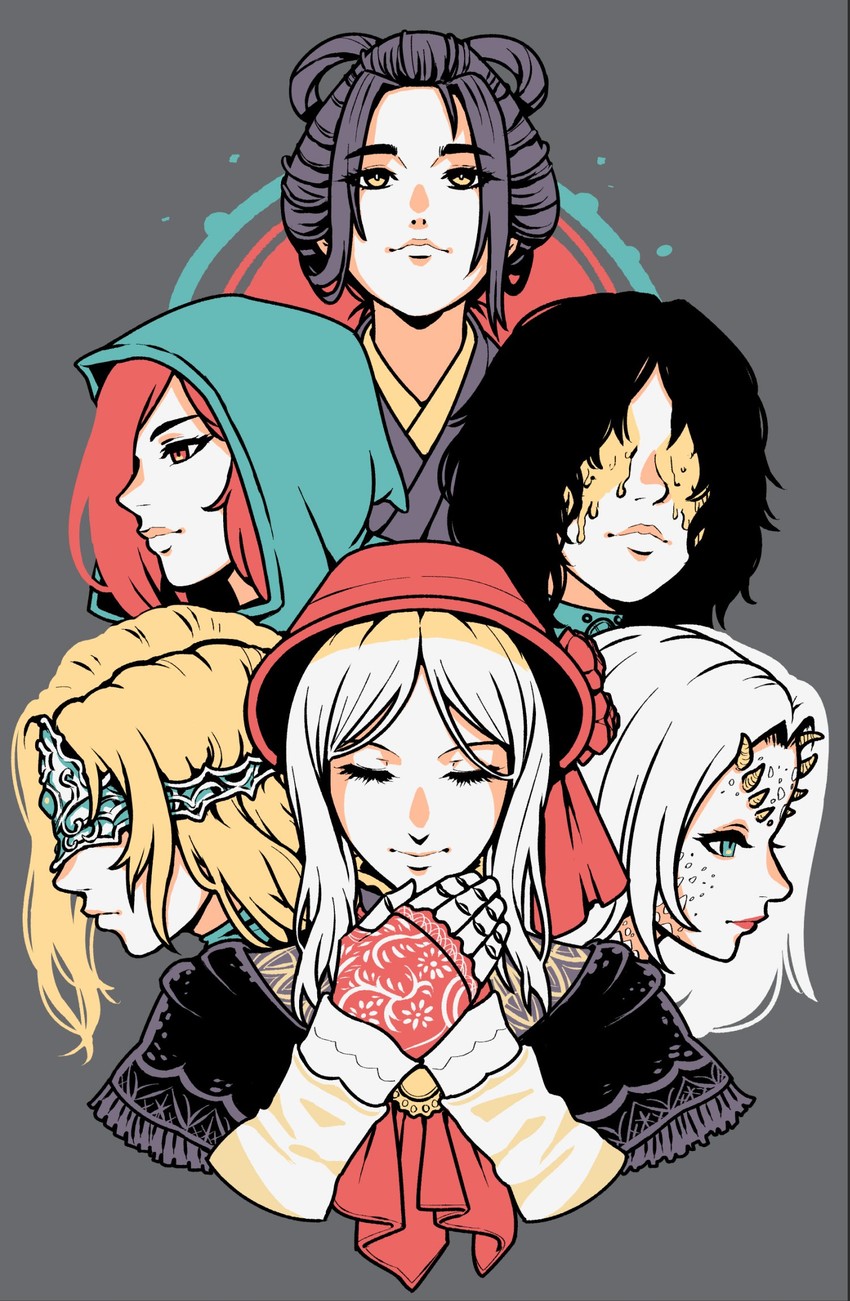 plain doll, fire keeper, priscilla the crossbreed, maiden in black, emma the gentle blade, and 1 more (dark souls and 6 more) drawn by akairiot