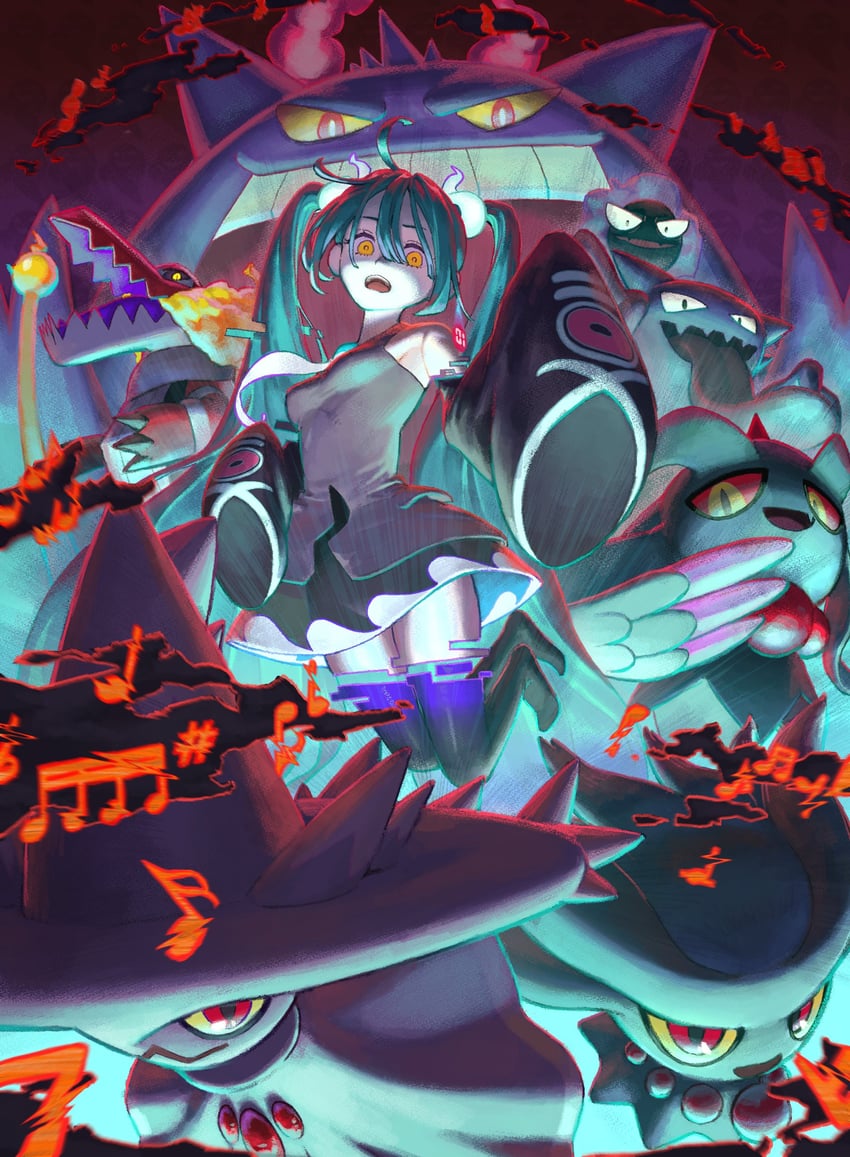hatsune miku, gengar, gastly, mismagius, haunter, and 6 more (pokemon and 2 more) drawn by matsu_bokkuri