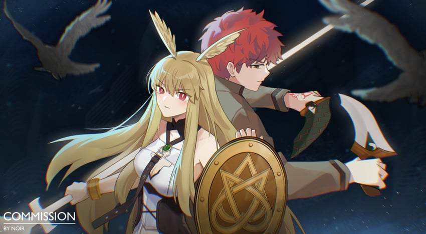 emiya shirou, valkyrie, and thrud (fate and 1 more) drawn by noir_(noir_reveur)