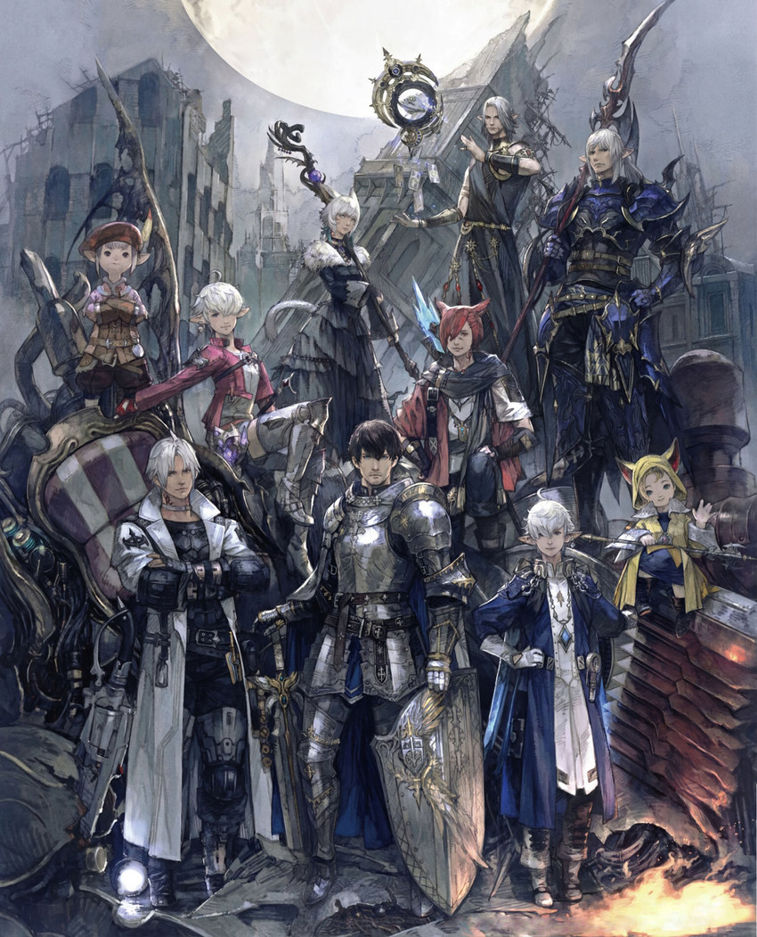 warrior of light, y'shtola rhul, g'raha tia, adventurer, paladin, and 7 more (final fantasy and 1 more) drawn by mogi_yuusuke