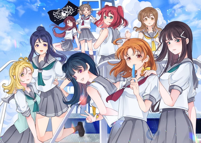 watanabe you, tsushima yoshiko, sakurauchi riko, takami chika, matsuura kanan, and 4 more (love live! and 1 more) drawn by demizu_reiko