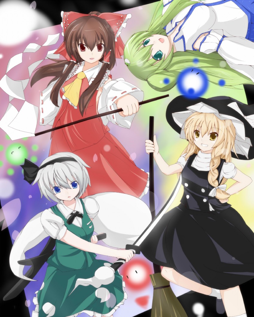 hakurei reimu, kirisame marisa, kochiya sanae, and konpaku youmu (touhou and 1 more) drawn by akisaka_yamoka