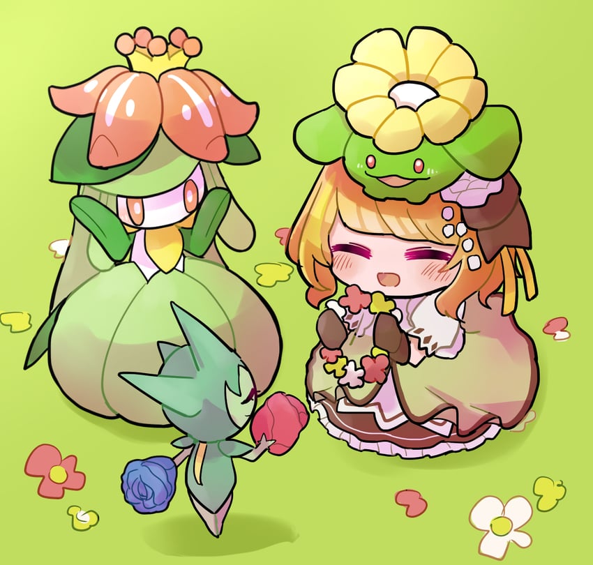 lilligant, comfey, roselia, skiploom, and haruna konomi (pokemon and 2 more) drawn by takenoko_mgrc