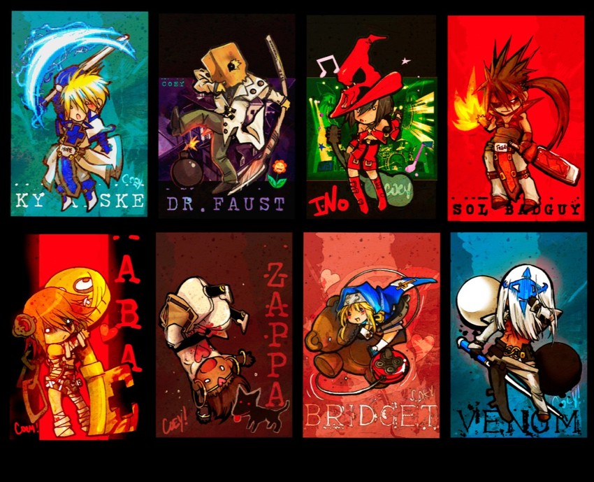 bridget, sol badguy, ky kiske, i-no, a.b.a, and 4 more (guilty gear and 1 more) drawn by coey_kuhn