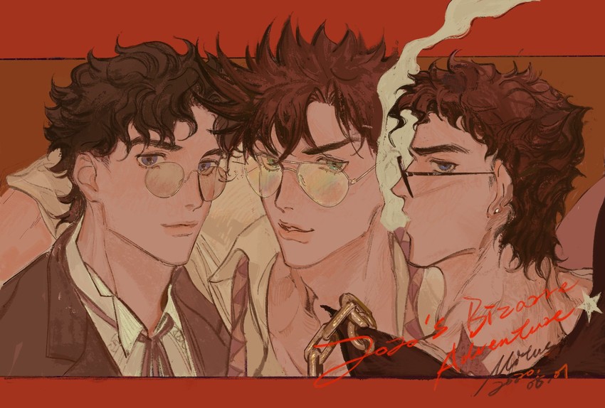 joseph joestar, kujo jotaro, and jonathan joestar (jojo no kimyou na bouken and 5 more) drawn by mitus