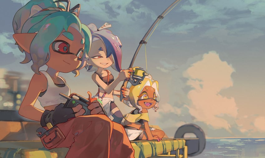 inkling player character, inkling girl, shiver, frye, and mechanic (splatoon and 1 more) drawn by aluih7
