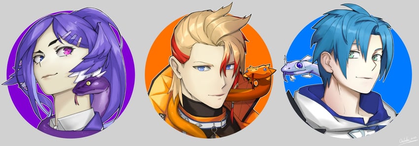 selen tatsuki, regis altare, and axel syrios (nijisanji and 3 more) drawn by moist_owlette