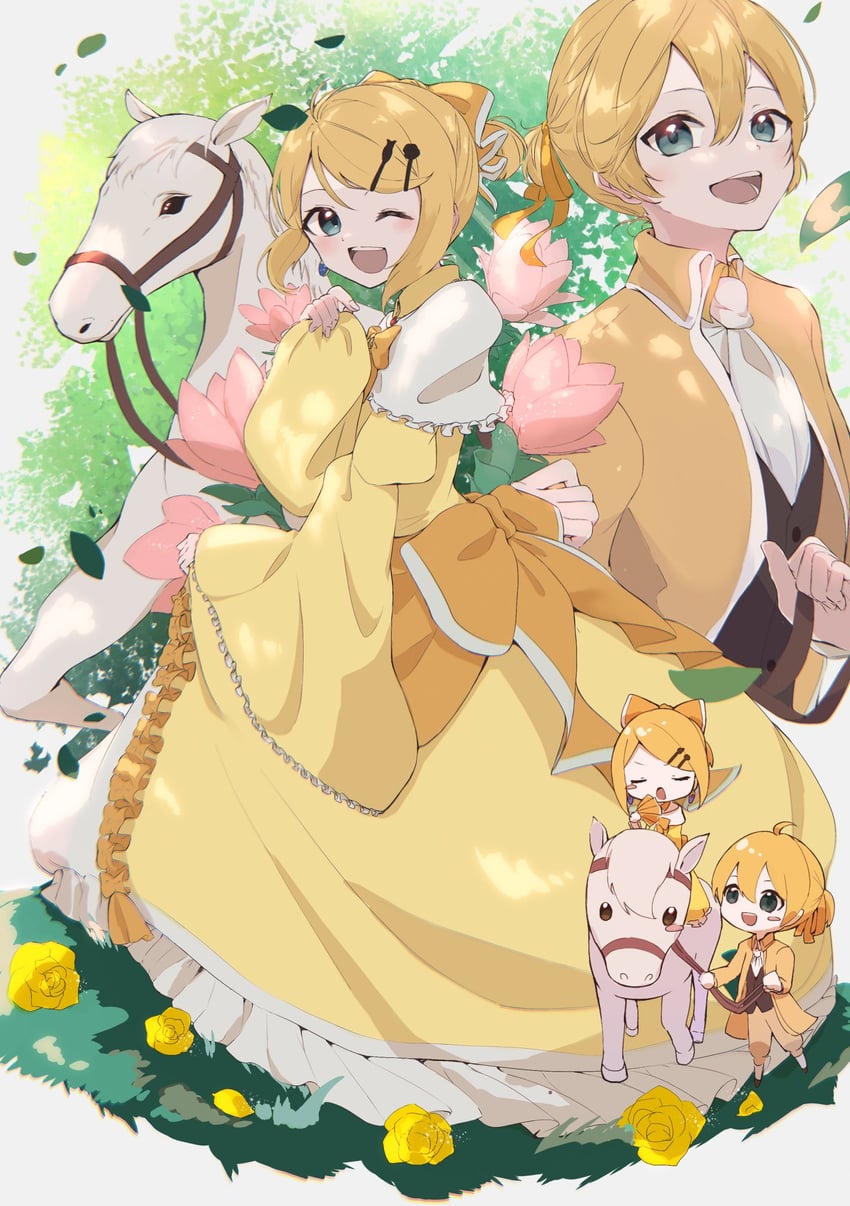 kagamine rin, kagamine len, riliane lucifen d'autriche, allen avadonia, and josephine (vocaloid and 3 more) drawn by kanato_1227