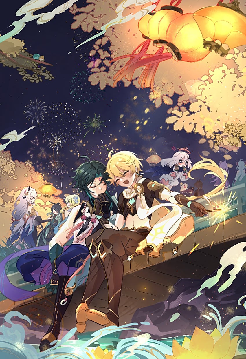 lumine, aether, paimon, shenhe, xiao, and 1 more (genshin impact) drawn by wakame_031412