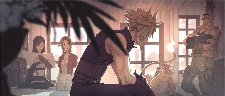 tifa lockhart, cloud strife, aerith gainsborough, barret wallace, and red xiii (final fantasy and 2 more) drawn by decoponmagi