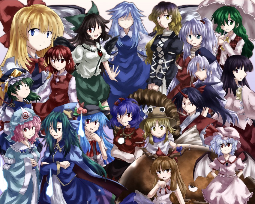remilia scarlet, saigyouji yuyuko, moriya suwako, reiuji utsuho, kazami yuuka, and 14 more (touhou) drawn by sakuragi_rian