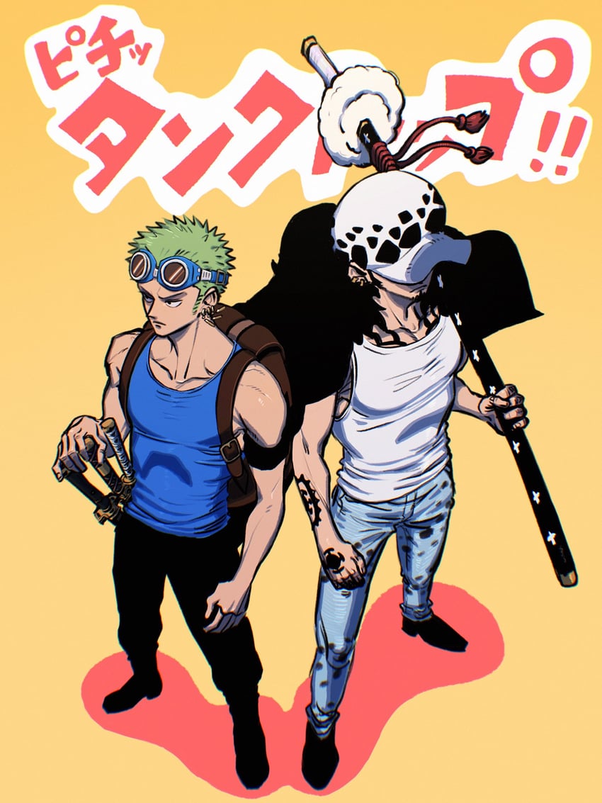 roronoa zoro and trafalgar law (one piece) drawn by tatsu_topi