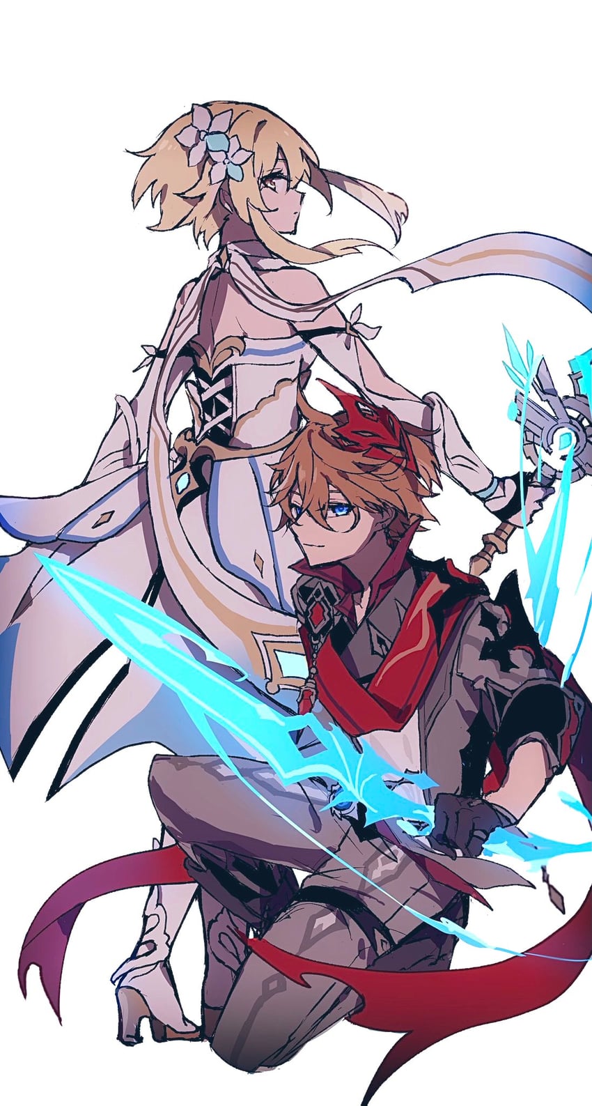 lumine and tartaglia (genshin impact) drawn by hiiragi_fuyuki