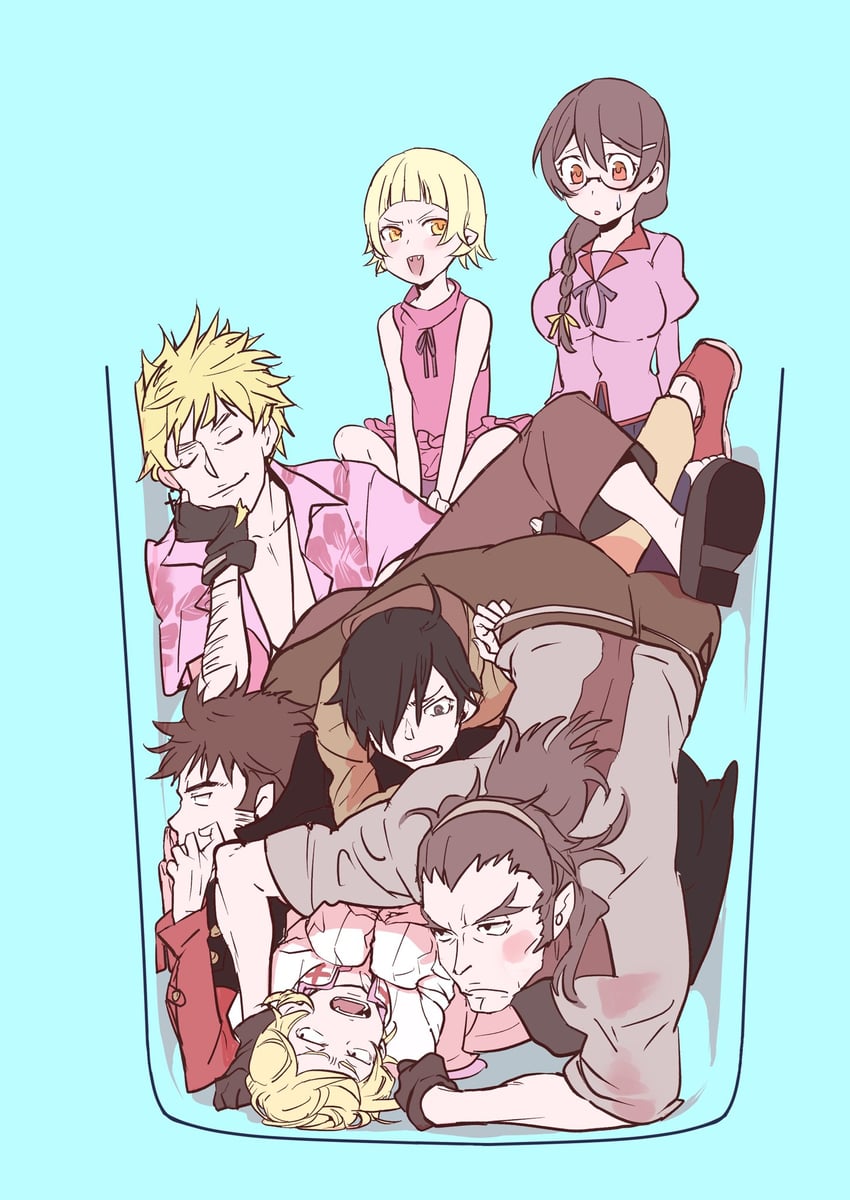 oshino shinobu, hanekawa tsubasa, araragi koyomi, kiss-shot acerola-orion heart-under-blade, oshino meme, and 3 more (monogatari and 1 more) drawn by usa003uni
