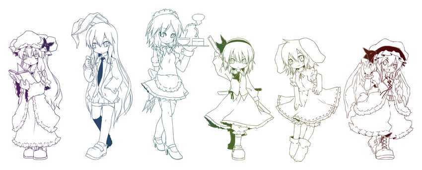 remilia scarlet, izayoi sakuya, konpaku youmu, patchouli knowledge, reisen udongein inaba, and 1 more (touhou) drawn by noya_makoto