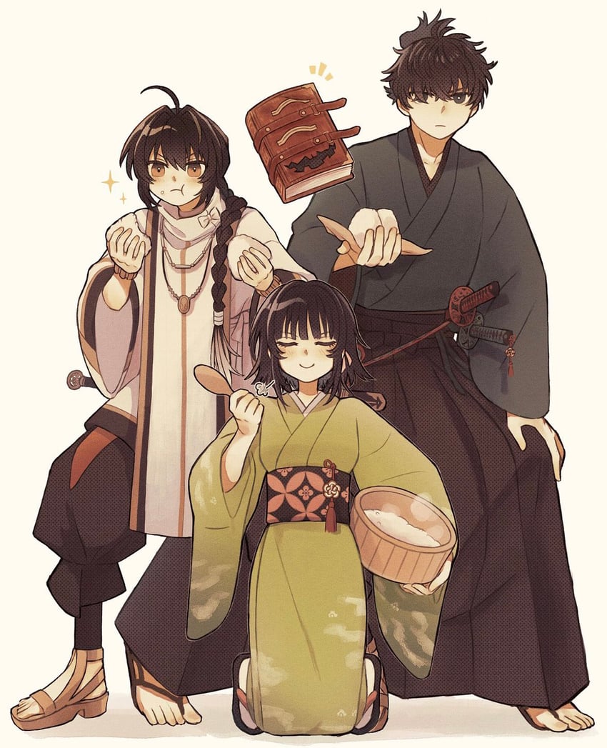 yamato takeru, miyamoto iori, ogasawara kaya, and crimson codex (fate and 1 more) drawn by mijinko_yudeta