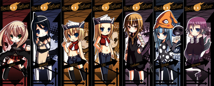 maka albarn, crona, nakatsukasa tsubaki, patricia thompson, elizabeth thompson, and 2 more (soul eater) drawn by kouken