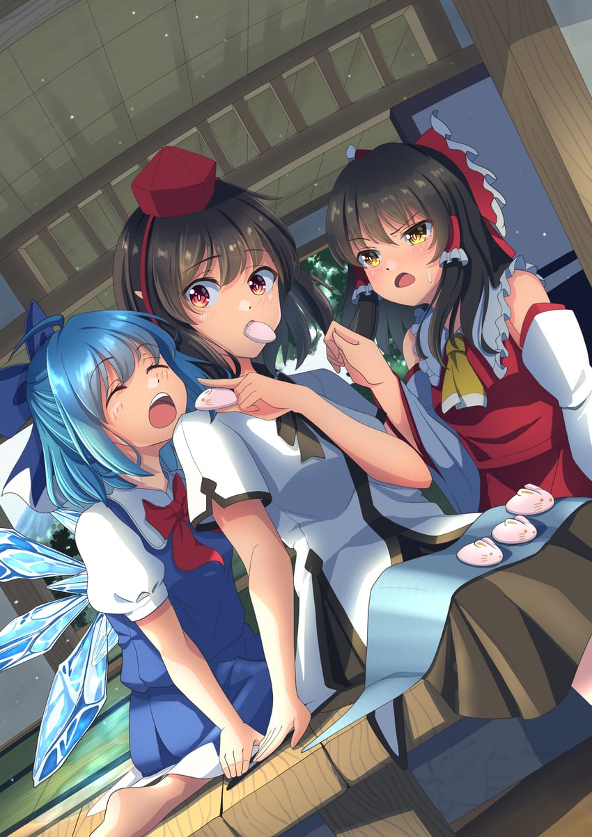 hakurei reimu, cirno, and shameimaru aya (touhou) drawn by amanoyayuki
