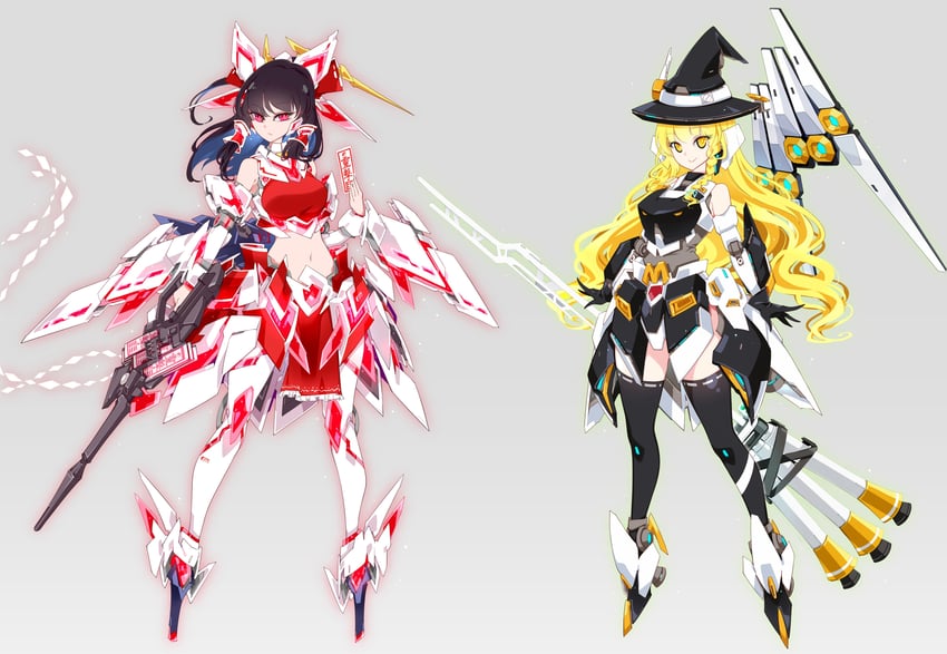 hakurei reimu, kirisame marisa, nu gundam, and unicorn gundam (touhou and 3 more) drawn by raptor7