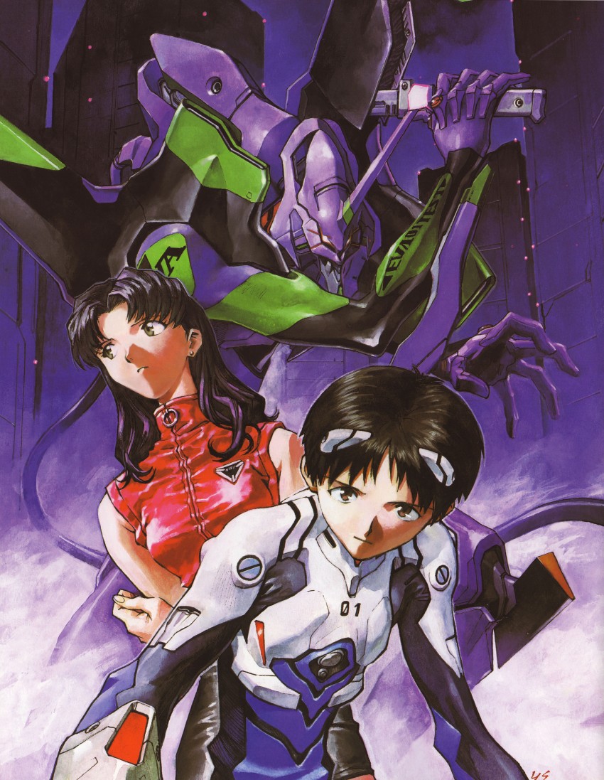 ikari shinji, katsuragi misato, and eva 01 (neon genesis evangelion) drawn by sadamoto_yoshiyuki